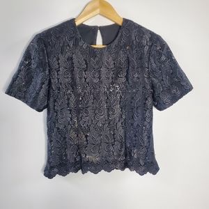 Vintage black Lace Cropped peep back top blouse Size Small Great Condition